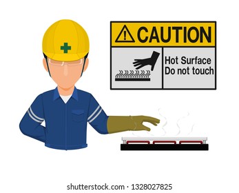 Industrial worker presenting hot surface sign