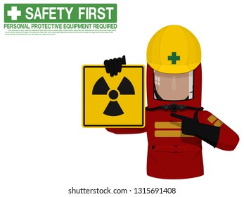 Industrial worker is presenting Radiation Hazard sign