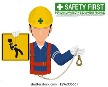 Industrial worker is presenting safety harness sign