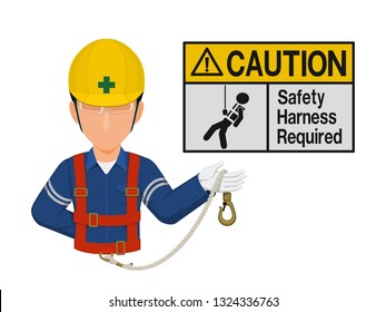 Industrial worker is presenting safety harness sign