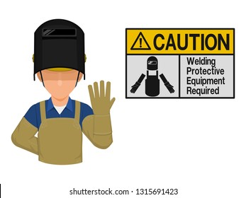 Industrial worker is presenting Welding protection warning sign