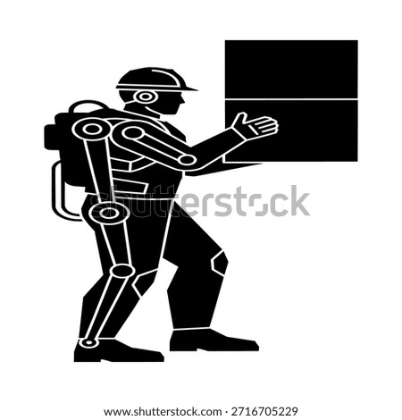 Industrial worker in a protective hard hat and a robotic exoskeleton suit, lifting a large rectangular box, representing automation and enhanced human capabilities.