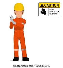 An industrial worker is putting on the gloves on white background