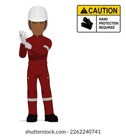 An industrial worker is putting on the gloves on white background