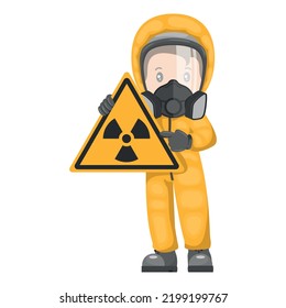 Industrial worker with radioactive hazard sign warning. Pictogram and icon of caution of radioactive materials. Protective suit and respirators. Industrial safety and occupational health at work