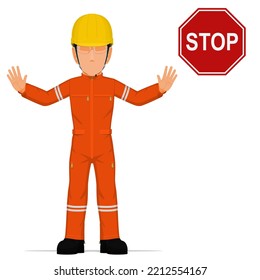 An industrial worker is raise hand to stop