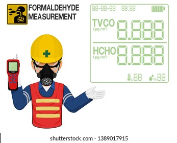 An Industrial worker with respirator is presenting display screen of the gas detector