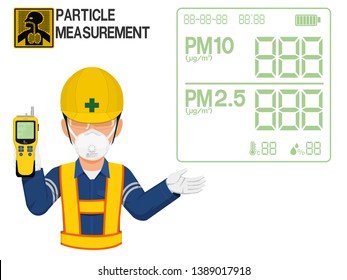 An Industrial worker with respirator is presenting display screen of the gas detector