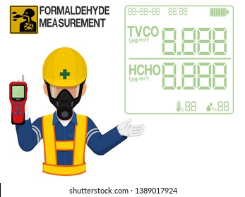 An Industrial worker with respirator is presenting display screen of the gas detector