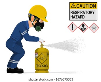 An industrial worker with respirator is  releasing the toxic gas.
