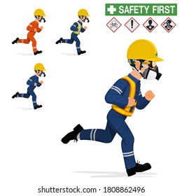 An industrial worker with the respirator is running
