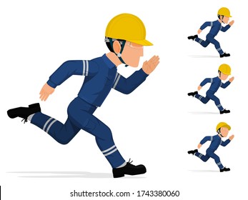 An industrial worker is running on white background
