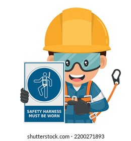 Industrial worker with safety harness mandatory use warning sign. Safety harness must be worn. Industrial safety and occupational health at work