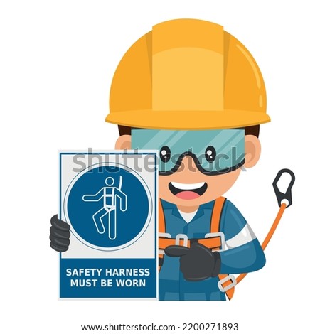 Industrial worker with safety harness mandatory use warning sign. Safety harness must be worn. Industrial safety and occupational health at work