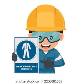 Industrial worker with safety suit mandatory use warning sign. Wear protective clothing. Industrial safety and occupational health at work