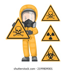 Industrial worker with sign warning of toxic, radioactive and biological material hazards. Caution pictogram and icon. Industrial safety and occupational health at work