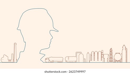 Silhueta de trabalhador industrial com ícones de infraestrutura de petróleo e gás. Gestão de projetos, engenharia e inspeção de segurança. Espaço de cópia em segundo plano.