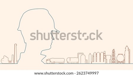 Industrial worker silhouette featuring oil and gas infrastructure icons. Project management, engineering and safety inspection. Background copy space.