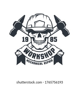 Industrieller Schädel in hartem Hut Retro-Logo. Mechanische Werkstatt mit Werkzeugen und Skelett in Helm. Vektorgrafik