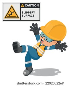 Industrial worker with slippery surface hazard sign warning. Caution icon and pictogram. Work accident. Worker with personal protective equipment. Industrial safety and occupational health at work