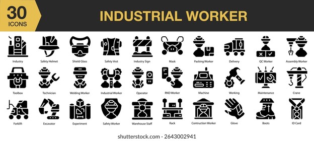 Industrial Worker solid icon set. Includes industry, industrial, worker, engineer, factory, work, and More. Solid icons vector collection.