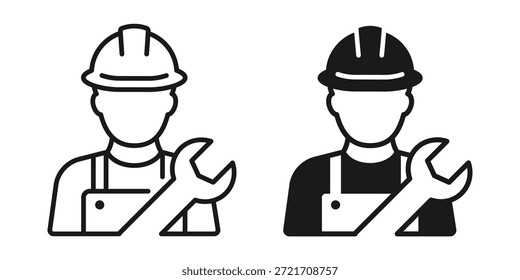 Trabajador de Industrial con el contorno de la llave inglesa y la colección llena de los iconos. Se utiliza para las habilidades de la fuerza de trabajo, la asistencia mecánica y las tareas de servicio in situ.