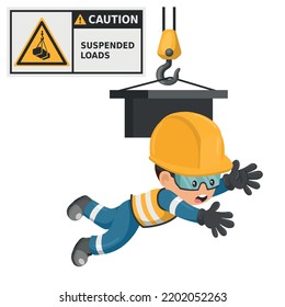 Industrial worker with suspended loads hazard sign warning. Caution icon and pictogram. Work accident. Worker with personal protective equipment. Industrial safety and occupational health at work