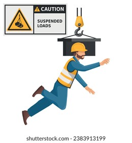 Industrial worker with suspended loads hazard sign warning. Caution icon and pictogram. Work accident. Worker with personal protective equipment. Industrial safety and occupational health at work