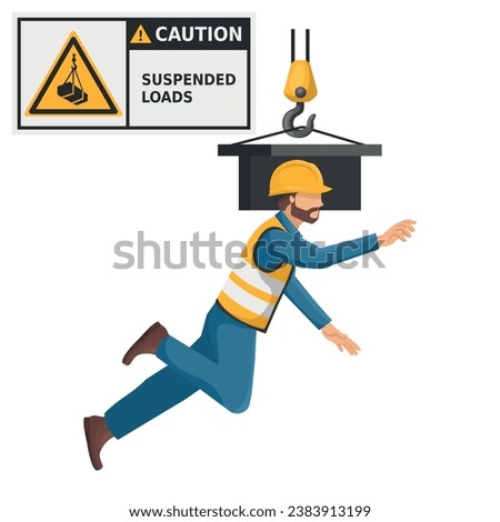 Industrial worker with suspended loads hazard sign warning. Caution icon and pictogram. Work accident. Worker with personal protective equipment. Industrial safety and occupational health at work