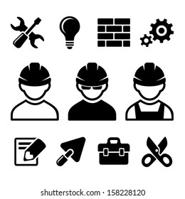 Industrial worker and tools icons set. Vector illustration.