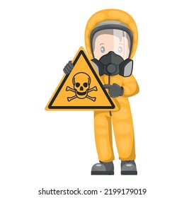 Industrial Worker With Toxic Material Hazard Sign Warning. Dangerous Chemicals Caution Icon And Pictogram. Protective Suit And Respirators. Industrial Safety And Occupational Health At Work