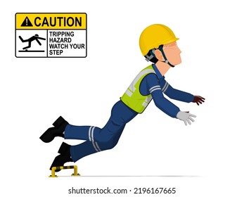 An industrial worker is tripping on white background