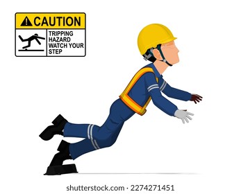 An industrial worker is tripping on white background