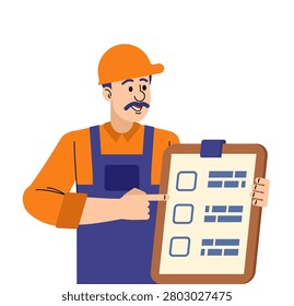 Industrial worker in uniform holding a checklist. Represents safety, task control, process verification, and technical supervision in manufacturing or logistics.


