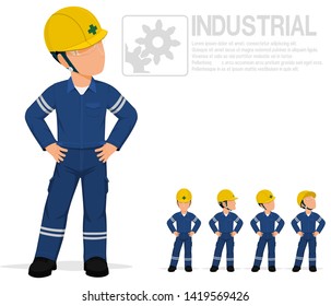 Industrial worker in uniform are posing akimbo on transparent background.
