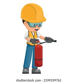 Industrial worker using a fire extinguisher with his personal protective equipment. Industrial safety and occupational health at work