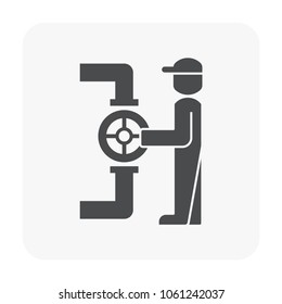 Industrial worker vector icon. Include safety equipment or helmet. Working with pipeline and valve control of oil, gas or petroleum. For oil refinery industry, pipe or pipeline construction concept.