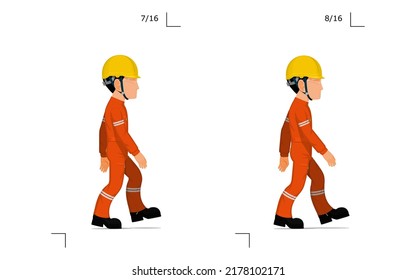 An industrial worker is walking on white background
