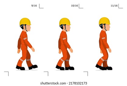 An industrial worker is walking on white background
