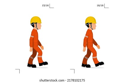An industrial worker is walking on white background
