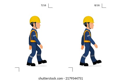 An industrial worker is walking on white background
