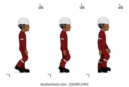 An industrial worker is walking on white background frame(12-14) of 16
