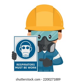 Industrial worker with a warning sign for the mandatory use of respirators. Respirators must be worn. Industrial safety and occupational health at work