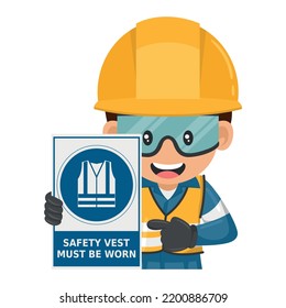 Industrial worker with warning sign of mandatory use of safety vest. Safety vest must be worn. Industrial safety and occupational health at work