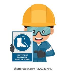 Industrial worker with warning sign of mandatory use of safety boots. Protective footwear must be worn. Industrial safety and occupational health at work