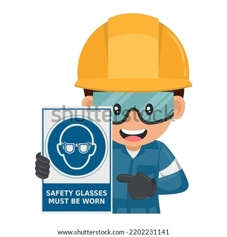 Industrial worker with warning sign of mandatory use of safety glasses. Safety glasses must be worn. Industrial safety and occupational health at work
