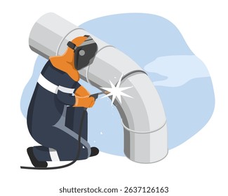 Industrial worker welding large round air duct elbow joint on workshop floor during fabrication process for commercial ventilation system installation