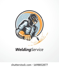 Industrial worker with welding mask holding welding machine. Logo design idea with welder and sparks. Metal industry symbol graphic. Vector icon.