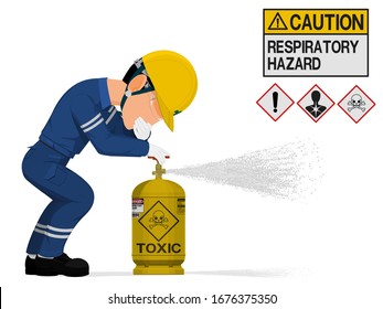 An Industrial Worker Without Respirator Is  Releasing The Toxic Gas.
