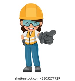 Industrial worker woman with her personal protective equipment pointing finger. Indicating with the index finger. Engineer with safety helmet. Industrial safety and occupational health at work